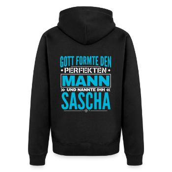 Sascha Name Design - Unisex Premium Bio Zip Hoodie - Schwarz - Hinten - Nico (187cm)