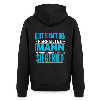 Siegfried Name Design - Unisex Premium Bio Zip Hoodie - Schwarz - Hinten - Nico (187cm)
