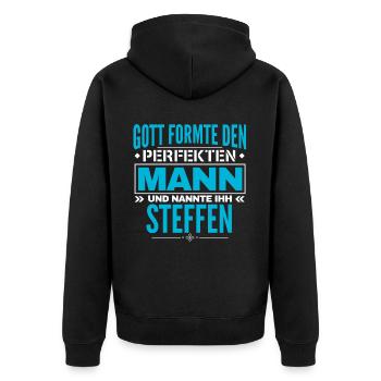 Steffen Name Design - Unisex Premium Bio Zip Hoodie - Schwarz - Hinten - Nico (187cm)