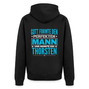 Thorsten Name Design - Unisex Premium Bio Zip Hoodie - Schwarz - Hinten - Nico (187cm)