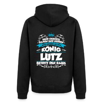 Lutz Name Design - Unisex Premium Bio Zip Hoodie - Schwarz - Hinten - Nico (187cm)