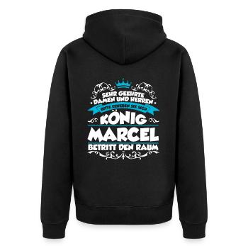 Marcel Name Design - Unisex Premium Bio Zip Hoodie - Schwarz - Hinten - Nico (187cm)