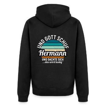 Hermann - Unisex Premium Bio Zip Hoodie - Schwarz - Hinten - Nico (187cm)