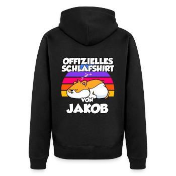 Offizielles Schlafshirt Von Jakob - Unisex Premium Bio Zip Hoodie - Schwarz - Hinten - Nico (187cm)