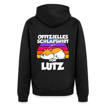 Offizielles Schlafshirt Von Lutz - Unisex Premium Bio Zip Hoodie - Schwarz - Hinten - Nico (187cm)