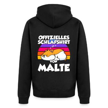 Offizielles Schlafshirt Von Malte - Unisex Premium Bio Zip Hoodie - Schwarz - Hinten - Nico (187cm)