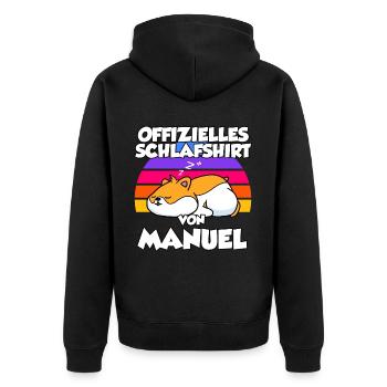 Offizielles Schlafshirt Von Manuel - Unisex Premium Bio Zip Hoodie - Schwarz - Hinten - Nico (187cm)