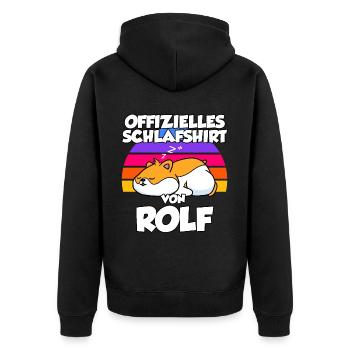Offizielles Schlafshirt Von Rolf - Unisex Premium Bio Zip Hoodie - Schwarz - Hinten - Nico (187cm)