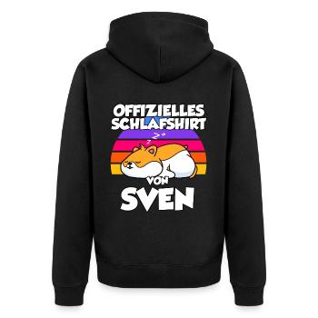 Offizielles Schlafshirt Von Sven - Unisex Premium Bio Zip Hoodie - Schwarz - Hinten - Nico (187cm)