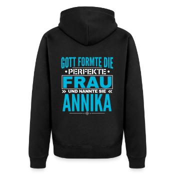 Annika Name Design - Unisex Premium Bio Zip Hoodie - Schwarz - Hinten - Nico (187cm)