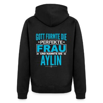 Aylin Name Design - Unisex Premium Organic Zip Hoodie - black - Back - Nico (187cm)