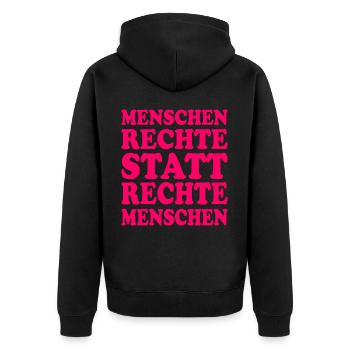 menschenrechte statt rechte menschen - Unisex Premium Bio Zip Hoodie - Schwarz - Hinten - Nico (187cm)