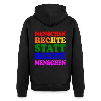 menschenrechte statt rechte menschen - Unisex Premium Bio Zip Hoodie - Schwarz - Hinten - Nico (187cm)