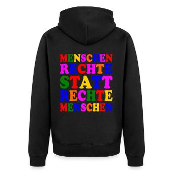 menschenrechte statt rechte menschen - Unisex Premium Bio Zip Hoodie - Schwarz - Hinten - Nico (187cm)