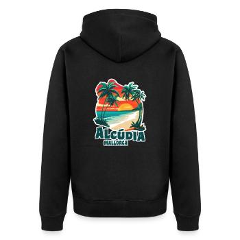Alcudia Mallorca - Unisex Premium Bio Zip Hoodie - Schwarz - Hinten - Nico (187cm)