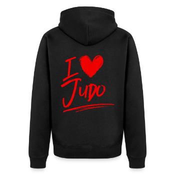 Ich liebe Judo - Unisex Premium Bio Zip Hoodie - Schwarz - Hinten - Nico (187cm)