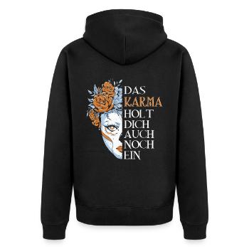 Das Karma holt dich auch noch ein - Unisex Premium Bio Zip Hoodie - Schwarz - Hinten - Nico (187cm)