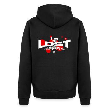 not lost - Unisex Premium Bio Zip Hoodie - Schwarz - Hinten - Nico (187cm)