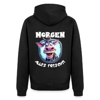 Morgen alles frisch funny Kuh Frühaufsteher lustig - Unisex Premium Bio Zip Hoodie - Schwarz - Hinten - Nico (187cm)