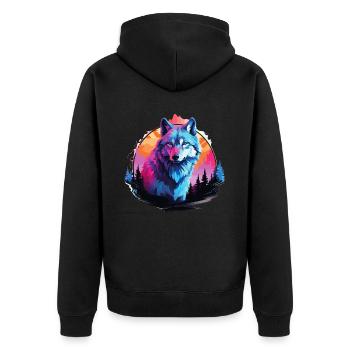 Wolf Wolfskopf Wölfe Wolfsrudel Natur Neon Bunt - Unisex Premium Bio Zip Hoodie - Schwarz - Hinten - Nico (187cm)
