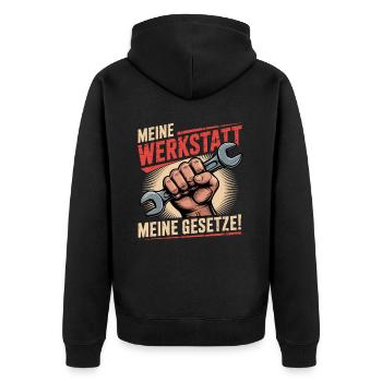Meine Werkstatt Meine Gesetze - Unisex Premium Bio Zip Hoodie - Schwarz - Hinten - Nico (187cm)