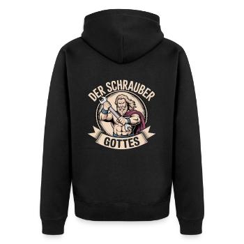 Der Schrauber Gottes - Unisex Premium Bio Zip Hoodie - Schwarz - Hinten - Nico (187cm)