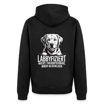 Labbyfiziert – Einmal Labrador, fürimmer glücklich - Unisex Premium Bio Zip Hoodie - Schwarz - Hinten - Nico (187cm)