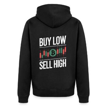 Buy Low – Sell High – Crypto Rule - Unisex Premium Organic Zip Hoodie - black - Back - Nico (187cm)