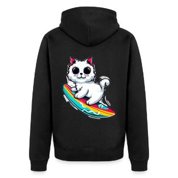 White cat on colorful surfboard - Unisex Premium Organic Zip Hoodie - black - Back - Nico (187cm)