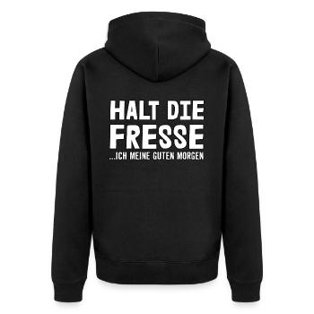 Halt die Fresse - Unisex Premium Bio Zip Hoodie - Schwarz - Hinten - Nico (187cm)