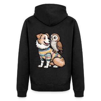 Niedlicher Australischer Schäferhund mit Eule - Unisex Premium Bio Zip Hoodie - Schwarz - Hinten - Nico (187cm)