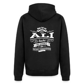 ALI, DER KATALYSATOR FÜR DEINEN ERFOLG - Unisex Premium Bio Zip Hoodie - Schwarz - Hinten - Nico (187cm)