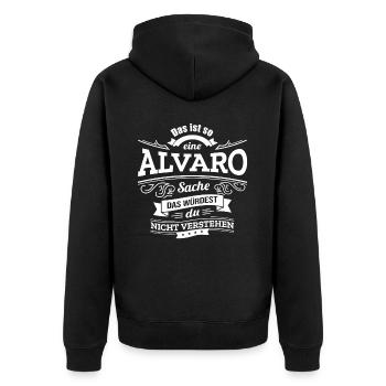 ALVARO, DER KATALYSATOR FÜR DEINEN ERFOLG - Unisex Premium Bio Zip Hoodie - Schwarz - Hinten - Nico (187cm)