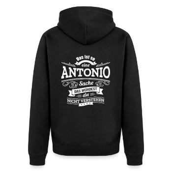 ANTONIO, DER KATALYSATOR FÜR DEINEN ERFOLG - Unisex Premium Bio Zip Hoodie - Schwarz - Hinten - Nico (187cm)