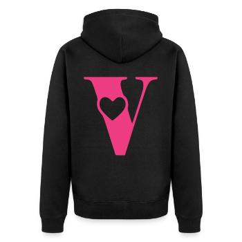 Buchstabe v Anfangsbuchstabe mit Herz - Unisex Premium Bio Zip Hoodie - Schwarz - Hinten - Nico (187cm)