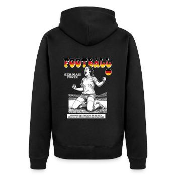 Deutscher Frauenfußball Shirt: Technik mit Herz - Unisex Premium Bio Zip Hoodie - Schwarz - Hinten - Nico (187cm)