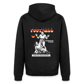 German Fußballspielerin Shirt: Faulspiel mit Folge - Unisex Premium Bio Zip Hoodie - Schwarz - Hinten - Nico (187cm)