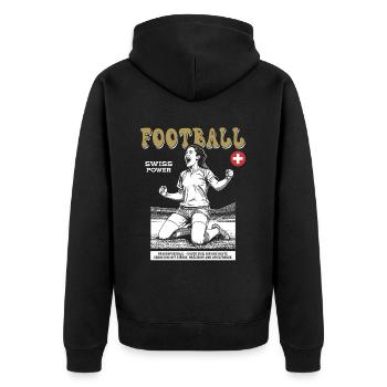 Swiss Fußballspielerin Shirt: Taktik und Timing - Unisex Premium Bio Zip Hoodie - Schwarz - Hinten - Nico (187cm)
