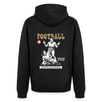 Einsatz pur: Frauenfußball Shirt CH - Unisex Premium Bio Zip Hoodie - Schwarz - Hinten - Nico (187cm)
