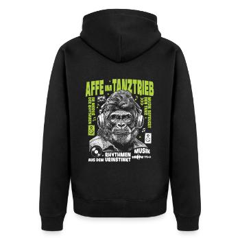 Gorilla Beats Shirt: Denker mit Kopfhörer-Style - Unisex Premium Bio Zip Hoodie - Schwarz - Hinten - Nico (187cm)