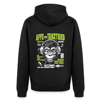 Tanztrieb Groove Shirt: Monkey with Music View - Unisex Premium Organic Zip Hoodie - black - Back - Nico (187cm)