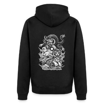 Streetwear Shirt: Dragon Meets Tiger on Vinyl - Unisex Premium Organic Zip Hoodie - black - Back - Nico (187cm)