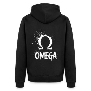 Omega Symbol Splash - Unisex Premium Bio Zip Hoodie - Schwarz - Hinten - Nico (187cm)