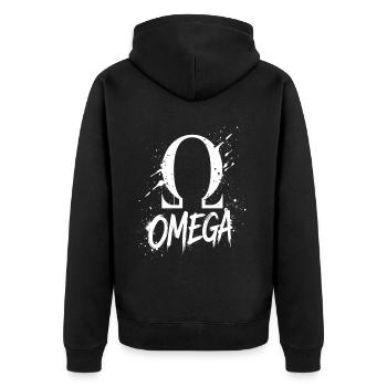 Omega Symbol Splash - Unisex Premium Bio Zip Hoodie - Schwarz - Hinten - Nico (187cm)
