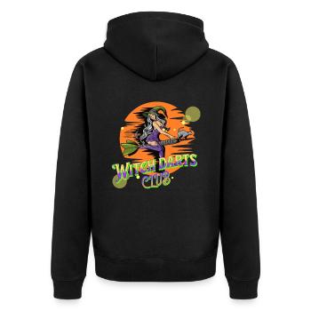 Darts Motiv Hexe Auf Dartpfeil - Unisex Premium Bio Zip Hoodie - Schwarz - Hinten - Nico (187cm)