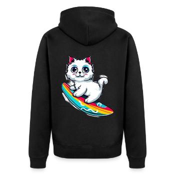 White cat on colorful surfboard - Unisex Premium Organic Zip Hoodie - black - Back - Nico (187cm)