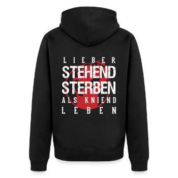 Lieber stehend sterben als kniend leben - Unisex Premium Bio Zip Hoodie - Schwarz - Hinten - Nico (187cm)