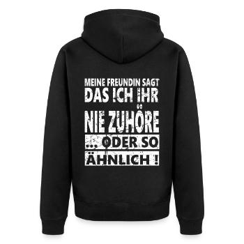Macho, Sarkasmus, Der Freundin zuhören, FUN Spruch - Unisex Premium Bio Zip Hoodie - Schwarz - Hinten - Nico (187cm)