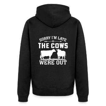 sorry i'm late the cows were out - Unisex Premium Organic Zip Hoodie - black - Back - Nico (187cm)