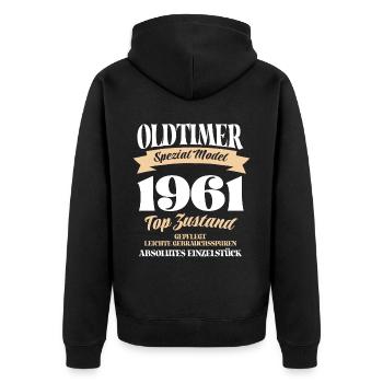 Oldtimer Spezial Model Gepflegt Top Jahrgang 1961 - Unisex Premium Bio Zip Hoodie - Schwarz - Hinten - Nico (187cm)